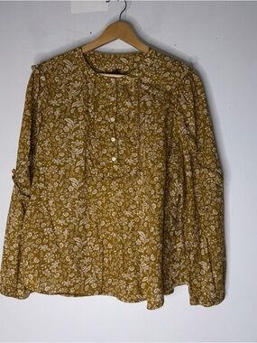 J CREW‎ Yellow Floral Puff-Sleeve Ruffle Peasant Blouse Medium  AE263